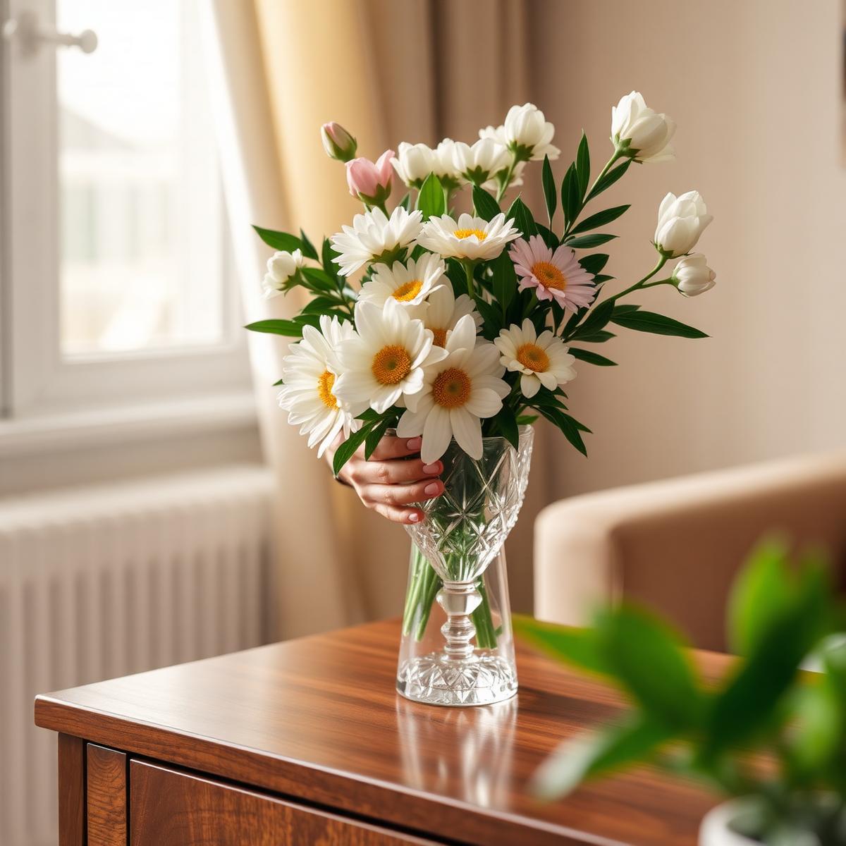 A caregiver arranges fresh white flowers in a crystal vase on a polished wooden side table