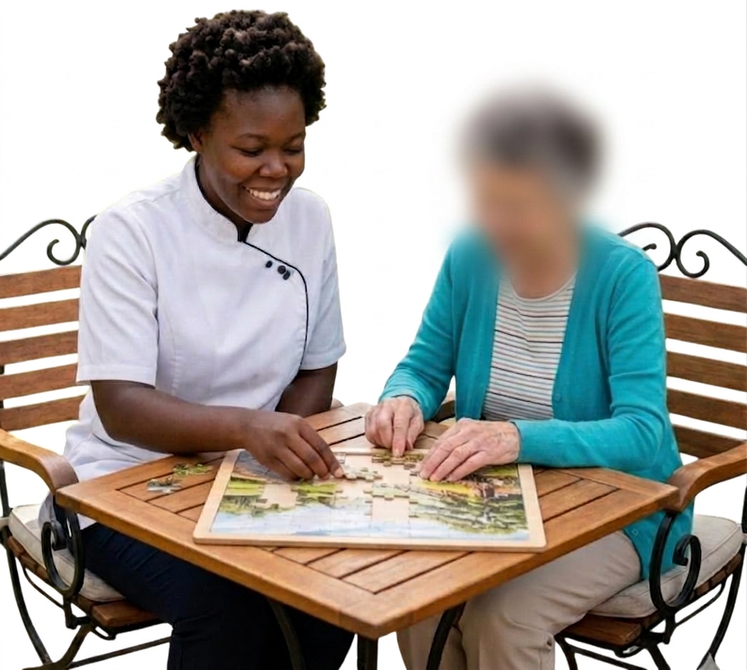 A Graceful Hands caregiver shares a quiet afternoon puzzle with an elderly client outdoors, encouraging gentle cognitive engagement