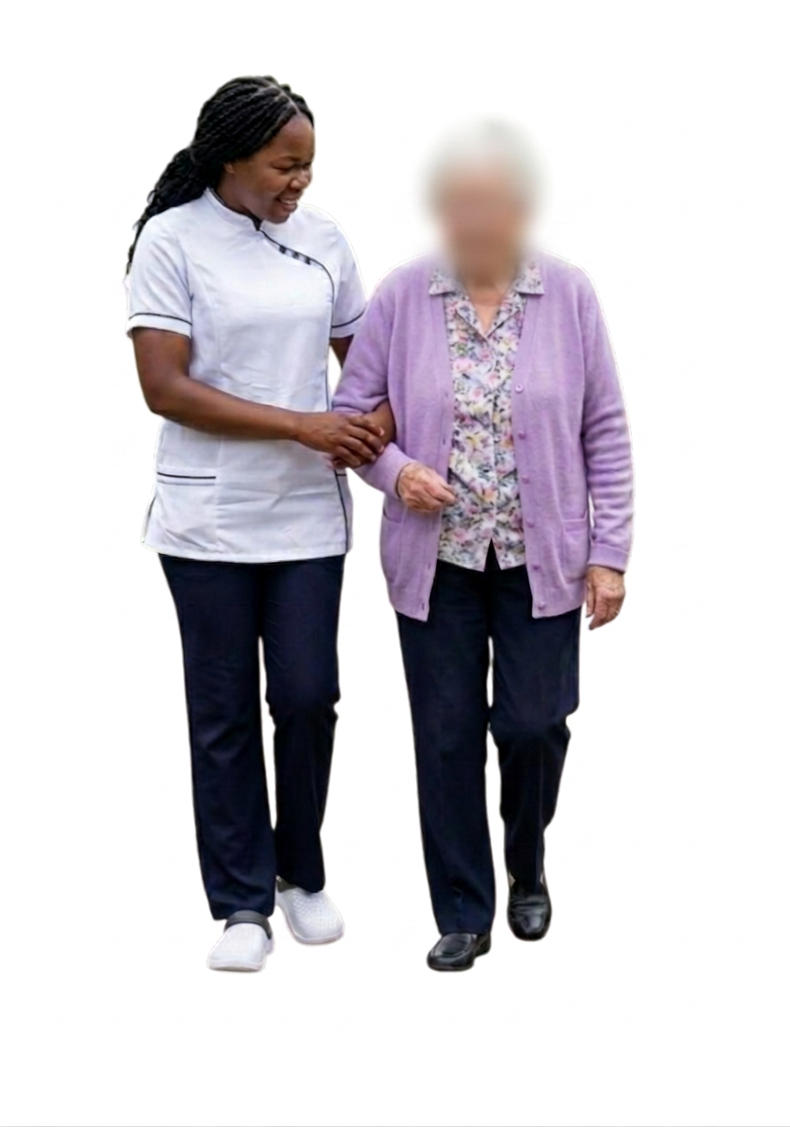 A Graceful Hands caregiver walks arm-in-arm with an elderly client along a sunlit garden path, offering gentle support