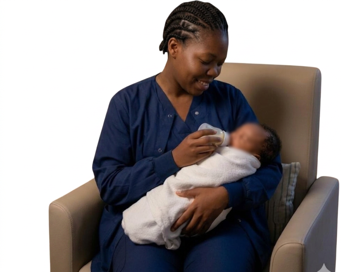 A Graceful Hands caregiver feeds a peacefully sleeping newborn while seated in a nursery armchair